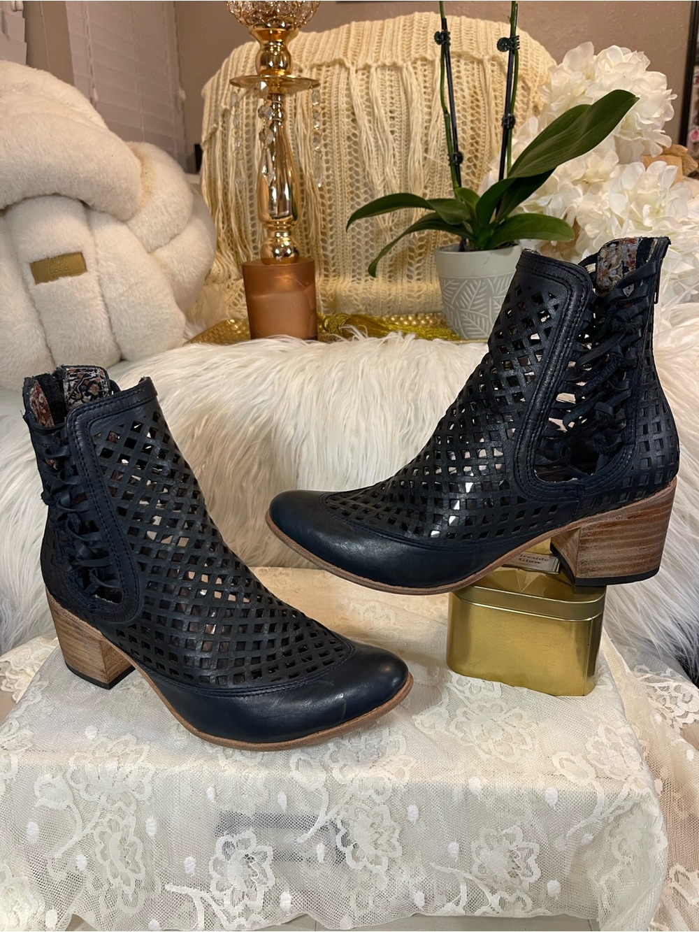 Freebird by Steven “Lazor” Perforated Cutout Leather Ankle Bootie Black Leather